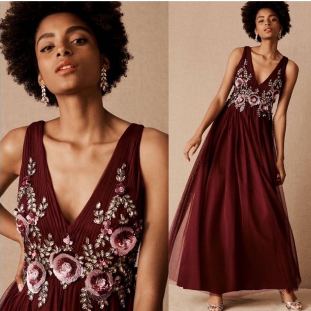 Nwt Anthropologie Bhldn Isabel Formal Maxi Dress 10 Floral Sequin Tulle Red